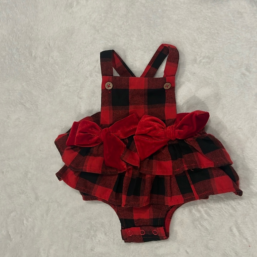 Mud Pie baby girl red buffalo check pinafore 0-3M